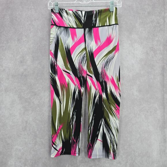 Green Pink Print Capri Cropped Stretch Active Pants Bottoms Leggings M/L - Picture 1 of 6